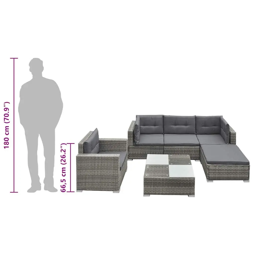 6 Piece Outdoor Lounge Set Grey Poly Rattan Garden Patio Furniture with Cushions