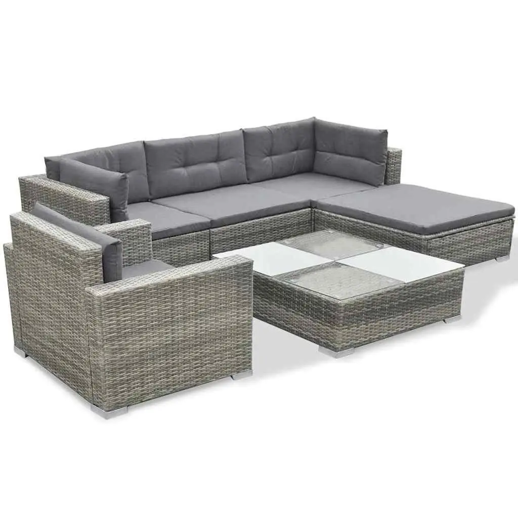 6 Piece Outdoor Lounge Set Grey Poly Rattan Garden Patio Furniture with Cushions