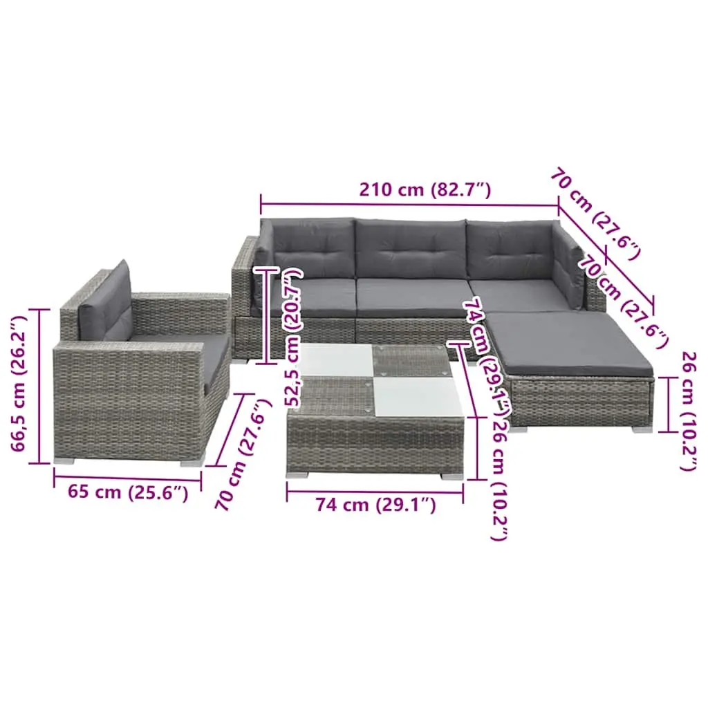 6 Piece Outdoor Lounge Set Grey Poly Rattan Garden Patio Furniture with Cushions