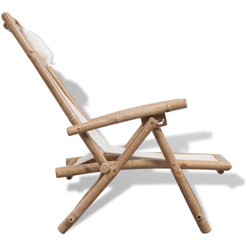 Deck Chair Bamboo Canvas Adjustable Backrest Folding Outdoor Garden Patio