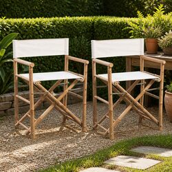 Folding Director's Chair Set 2 pcs Bamboo Canvas Outdoor Garden Patio Seating