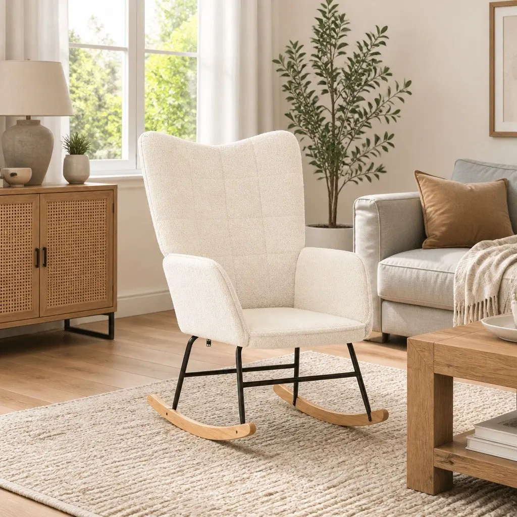 Rocking Chair Smooth Motion Cushioned Seating Cream Sherpa Fabric Modern Armchair