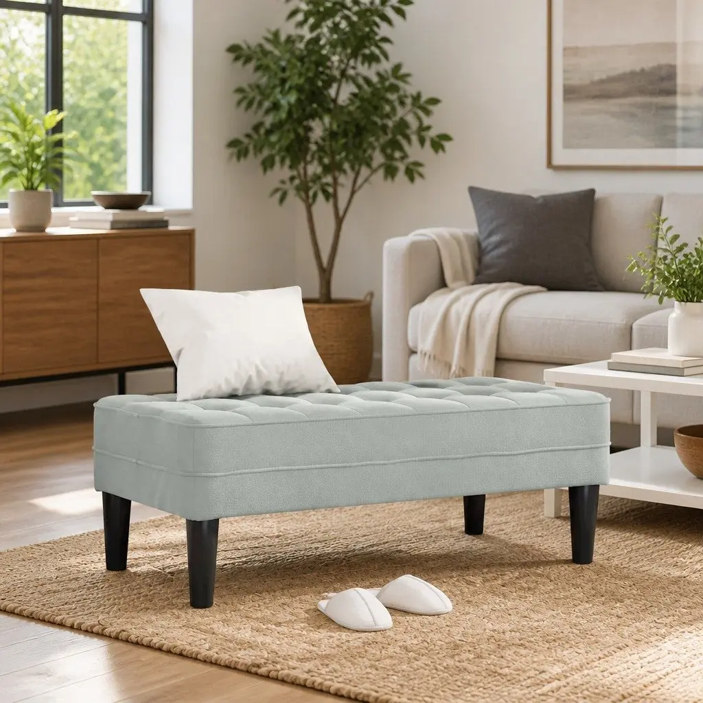 Bench with Cushion Light Grey Modern Velvet Ottoman Living Room Seating