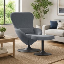 Egg Chair with Footstool Swivel Lounge Armchair Grey Velvet Modern Living Room