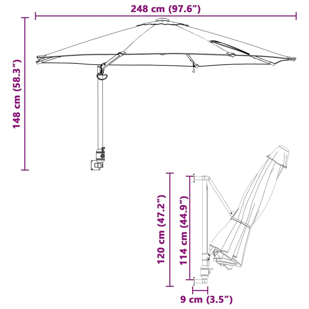 Garden Parasol Adjustable Tilt Canopy 248cm Brown Polyester Steel Frame Solar LED