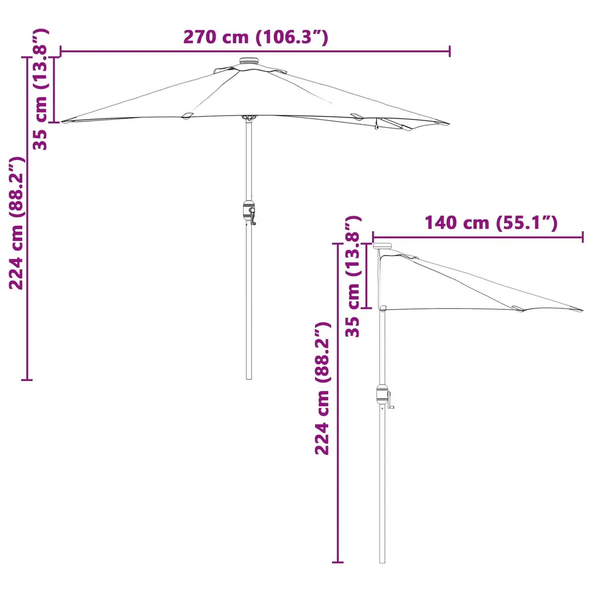 Garden Parasol Anthracite Large Canopy UV Resistant Steel Frame with Solar LED Lights
