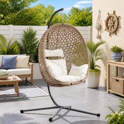 Hanging Egg Chair with Stand Cream Poly Rattan Indoor Outdoor Porch Swing Relax