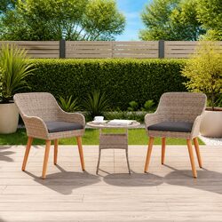 Outdoor Garden Chair Set 2pcs Black Poly Rattan Acacia Wood Legs Patio Seating