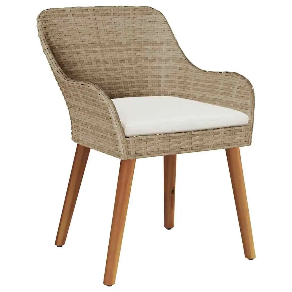 Outdoor Garden Chair Set 2 pcs Cushioned Poly Rattan Beige Acacia Wood Legs