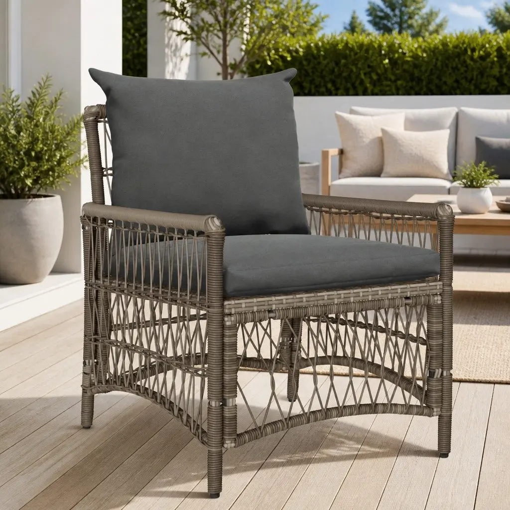 Garden Chair with Cushion Poly Rattan Grey Outdoor Seating with Backrest and Armrest