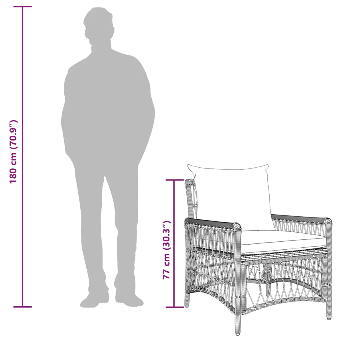 Garden Chair with Cushion Poly Rattan Grey Outdoor Seating with Backrest and Armrest