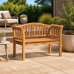 Outdoor Bench Brown Garden Seating Solid Teak Wood 120x53.5x85cm Carved Armrests