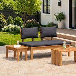 Outdoor Garden Bench and Table Set 2pc Grey Teak Wood Patio Furniture Modern