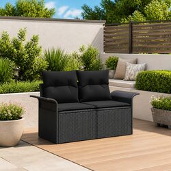 Outdoor Garden Sofa Black Poly Rattan with Cushion Patio Seating Furniture