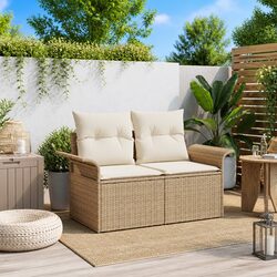 Outdoor Garden Sofa Beige Poly Rattan with Cushion Patio Seating 141x62x69cm
