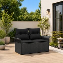 Outdoor Garden Sofa Black Poly Rattan Patio Seating with Cushion Seat Pad
