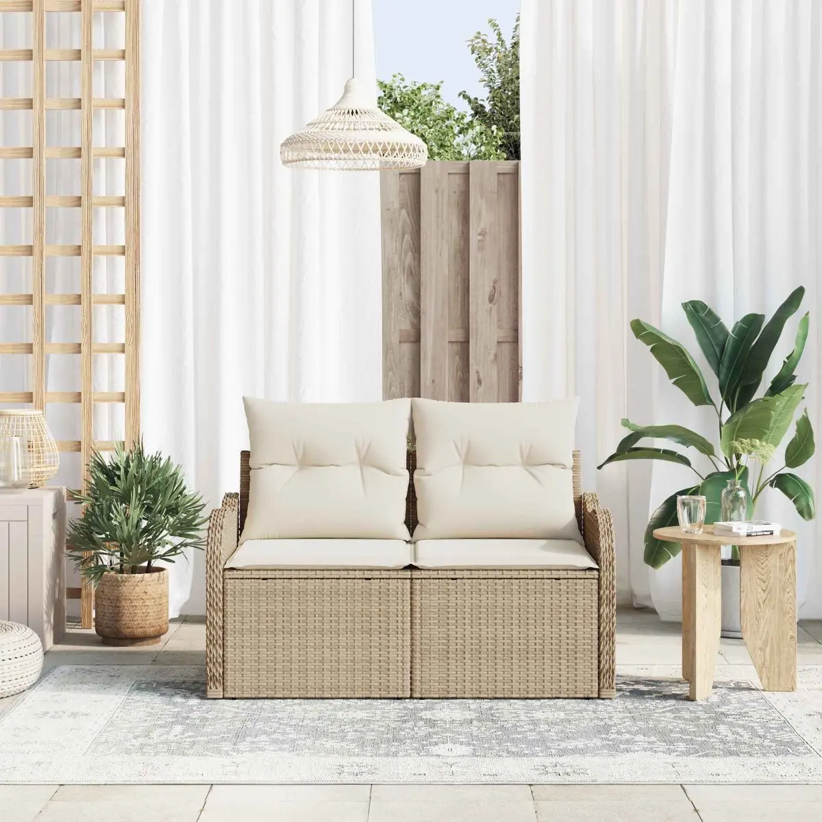 Outdoor Garden Sofa Poly Rattan Cushion Beige 121x62x69cm