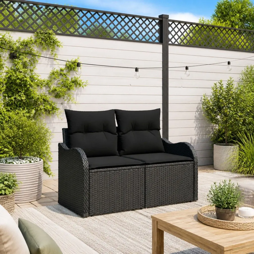 Outdoor Garden Sofa Cushioned Black Poly Rattan Patio Furniture