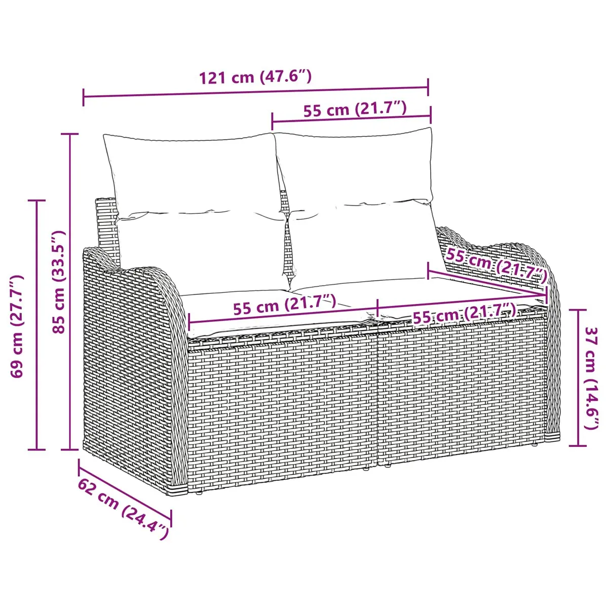 Outdoor Garden Sofa Cushioned Black Poly Rattan Patio Furniture