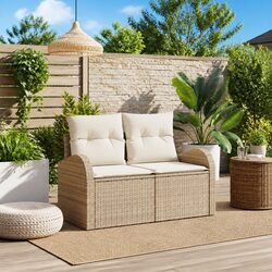 Outdoor Garden Sofa Beige Poly Rattan Modern Patio Seating Furniture with