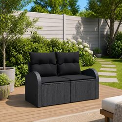 Outdoor Garden Sofa Black Modern Rattan Seating with Cushion Terrace Furniture