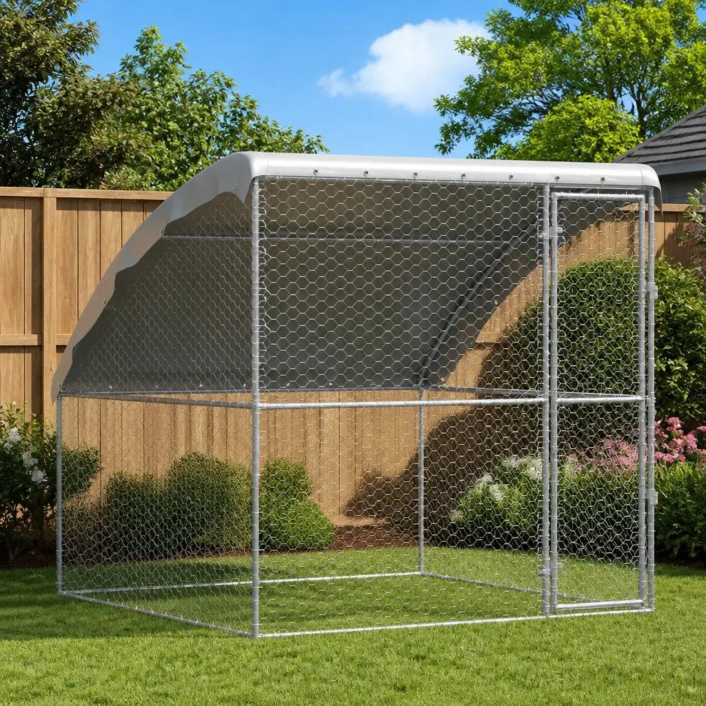 Dog Kennel Outdoor Pet House Galvanised Steel Frame Lockable 2x2x2m Silver