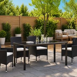 Garden Dining Table 160x80x73cm Black Metal Frame Tempered Glass Outdoor Patio