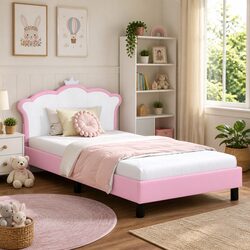 Kids Bed Frame with Headboard Pink 90 x 190 cm Modern Bedroom Furniture