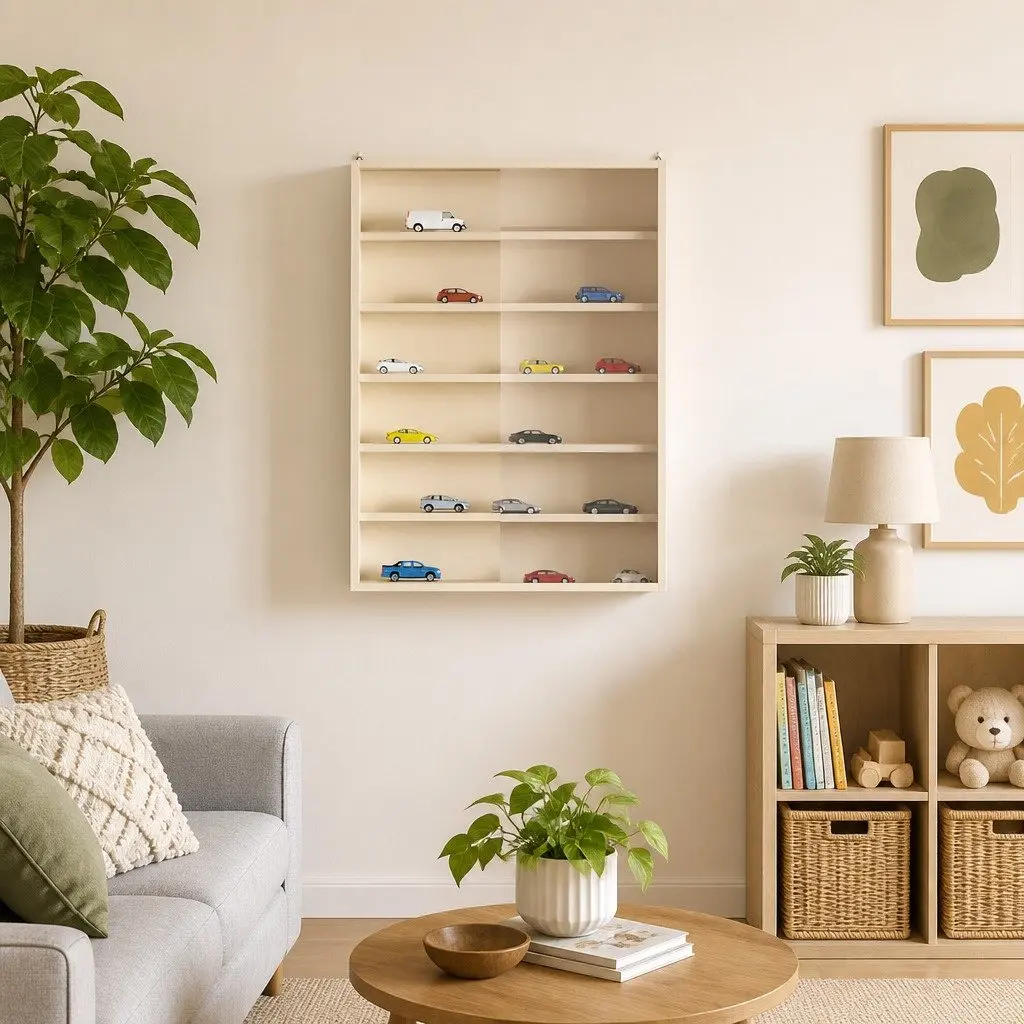 Wall Display Case Beige Wall-Mounted Shelves with Sliding Doors for Collectibles and Keepsakes