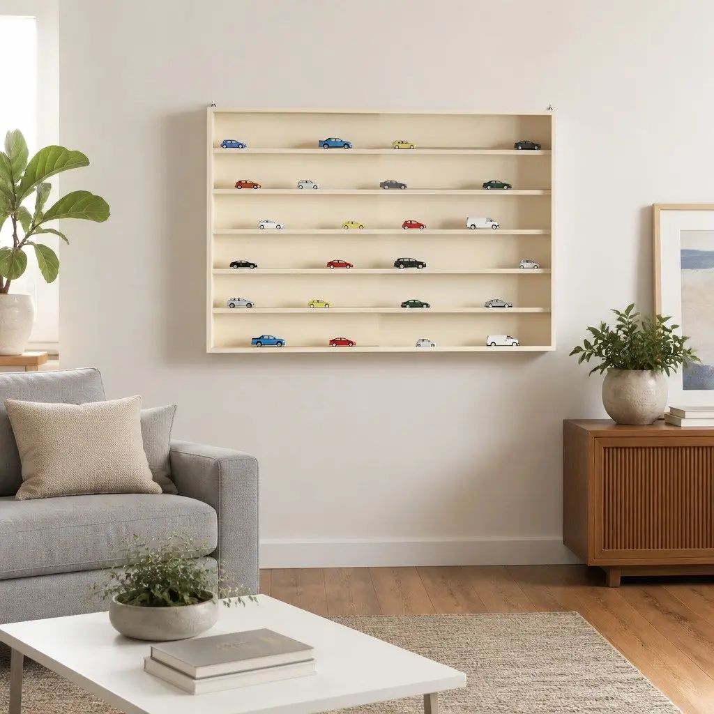 Wall Display Case with Shelf Beige 80 x 8.5 x 54 cm Sliding Doors Storage