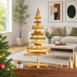 Wooden Christmas Tree 90cm Brown Solid Pine Wood Stand Holiday Seasonal Decor