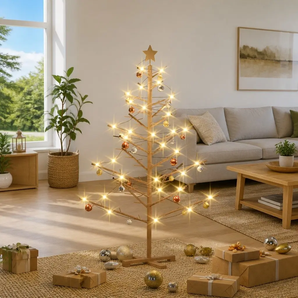 Wooden Christmas Tree with Stand 150cm Brown Modern Minimalist Holiday Decor