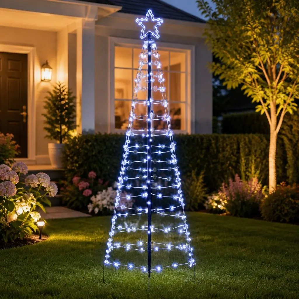 LED Christmas Tree 250cm Blue Iron Frame with Ground Spikes 8 Flash Modes Indoor Outdoor