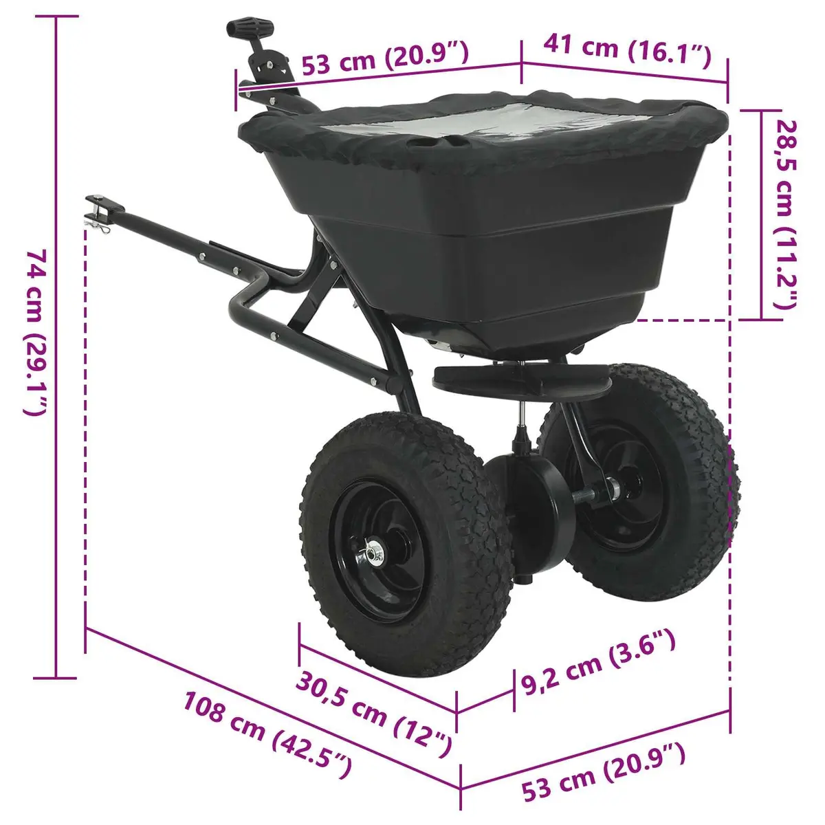 Spreader 53 x 108 x 74 cm Black Lawn Seed Fertiliser Garden Tool Outdoor