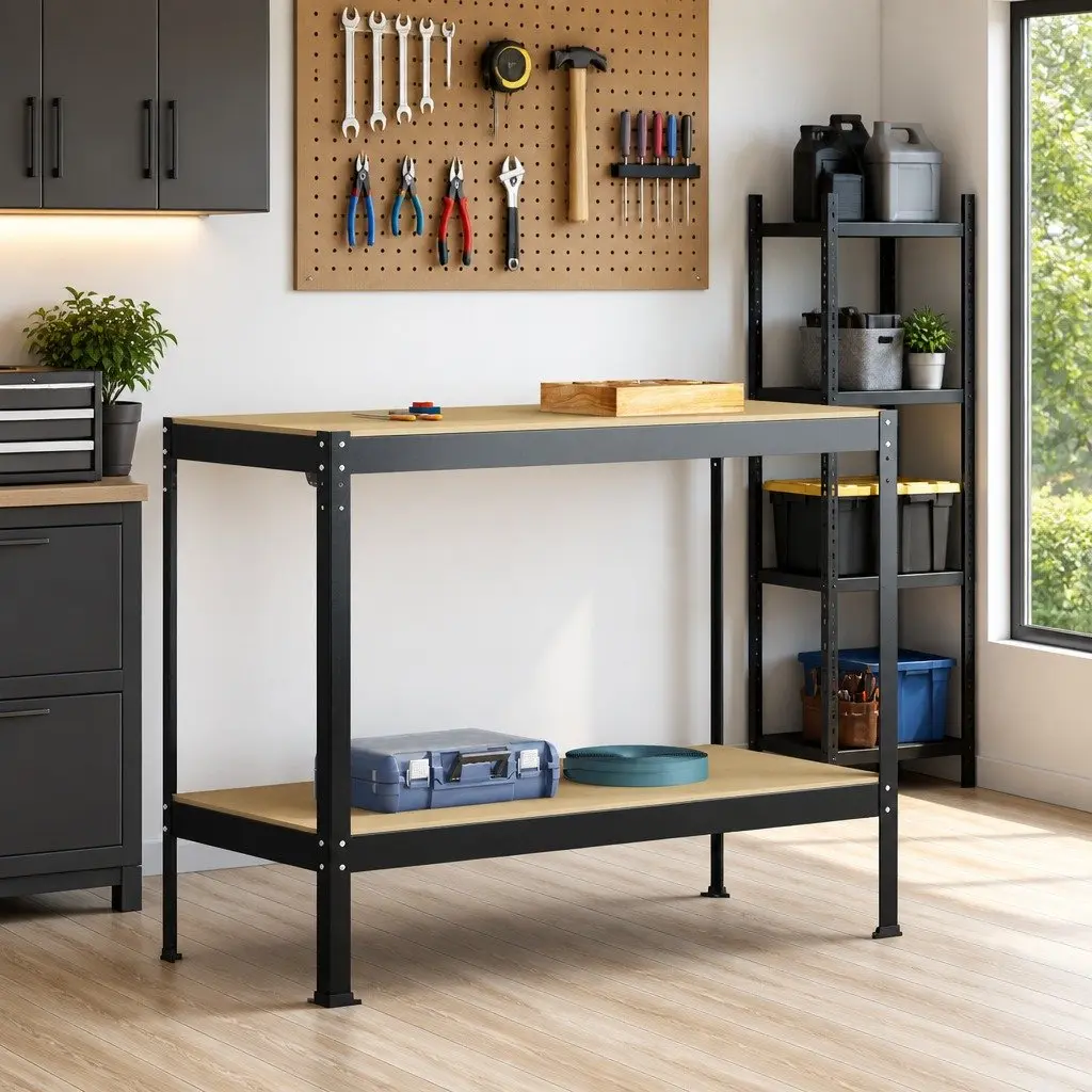 Workbench Engineered Wood Metal Frame Black 115 x 55 x 91 cm with Pegboard Drawer
