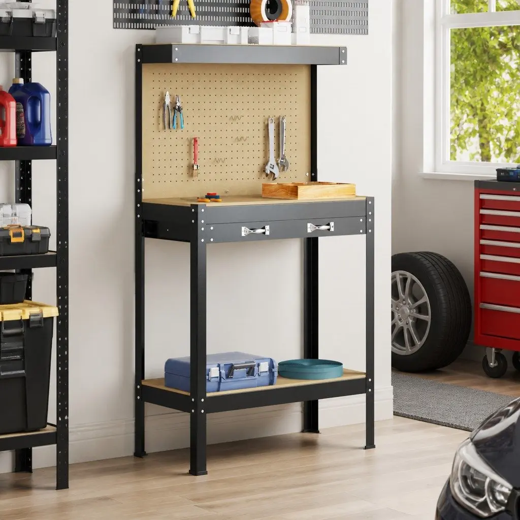 Workbench Engineered Wood Top Metal Frame Black 81 x 41 x 145 cm with Pegboard Drawer