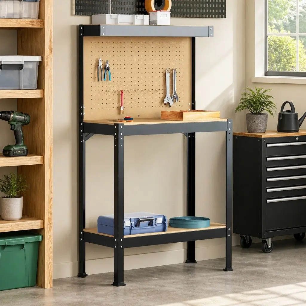 Workbench Engineered Wood Metal Frame Black 81 x 41 x 145 cm Pegboard Drawer
