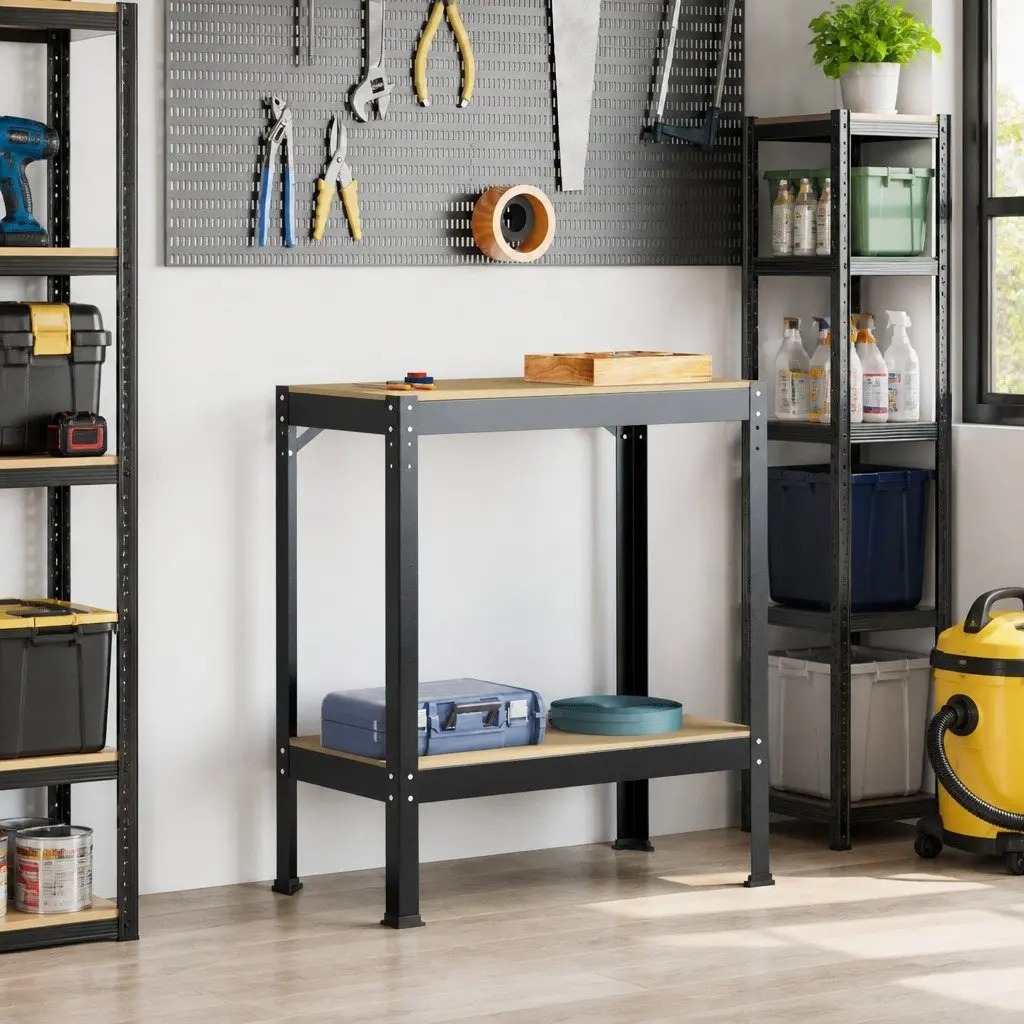 Workbench Engineered Wood Metal Black 81 x 41 x 91 cm Pegboard Drawer Storage