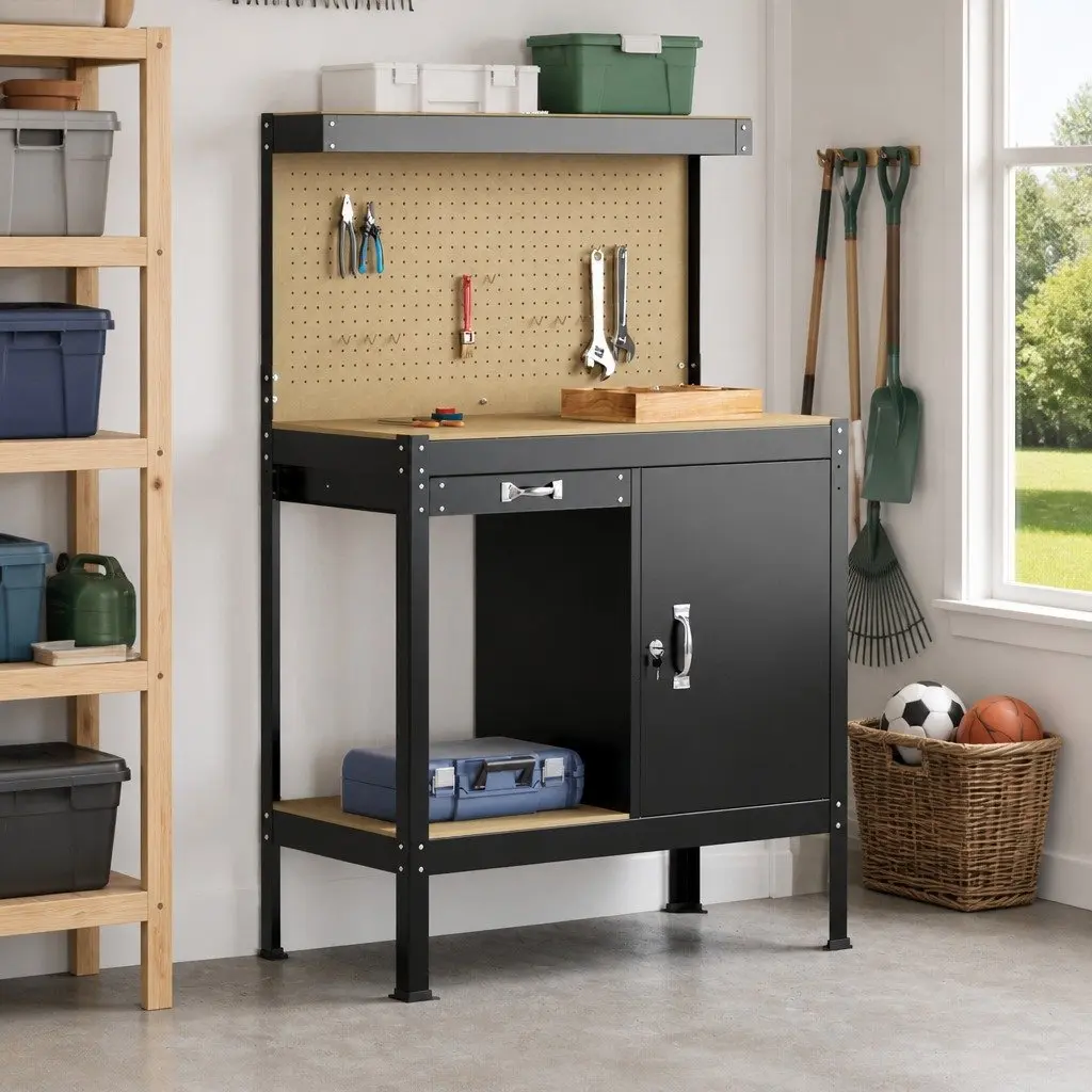 Workbench Black Engineered Wood Metal 90 x 49 x 141 cm Garage Workshop Storage