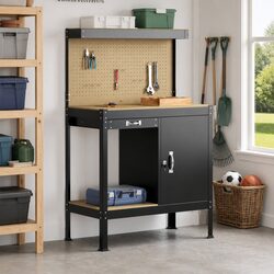 Workbench Black 90 x 49 x 141 cm Engineered Wood Metal Garage Workshop Storage