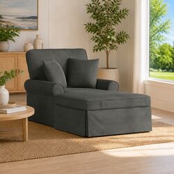 Chaise Lounge with Skirt Grey Corduroy Fabric Modern Living Room Bedroom