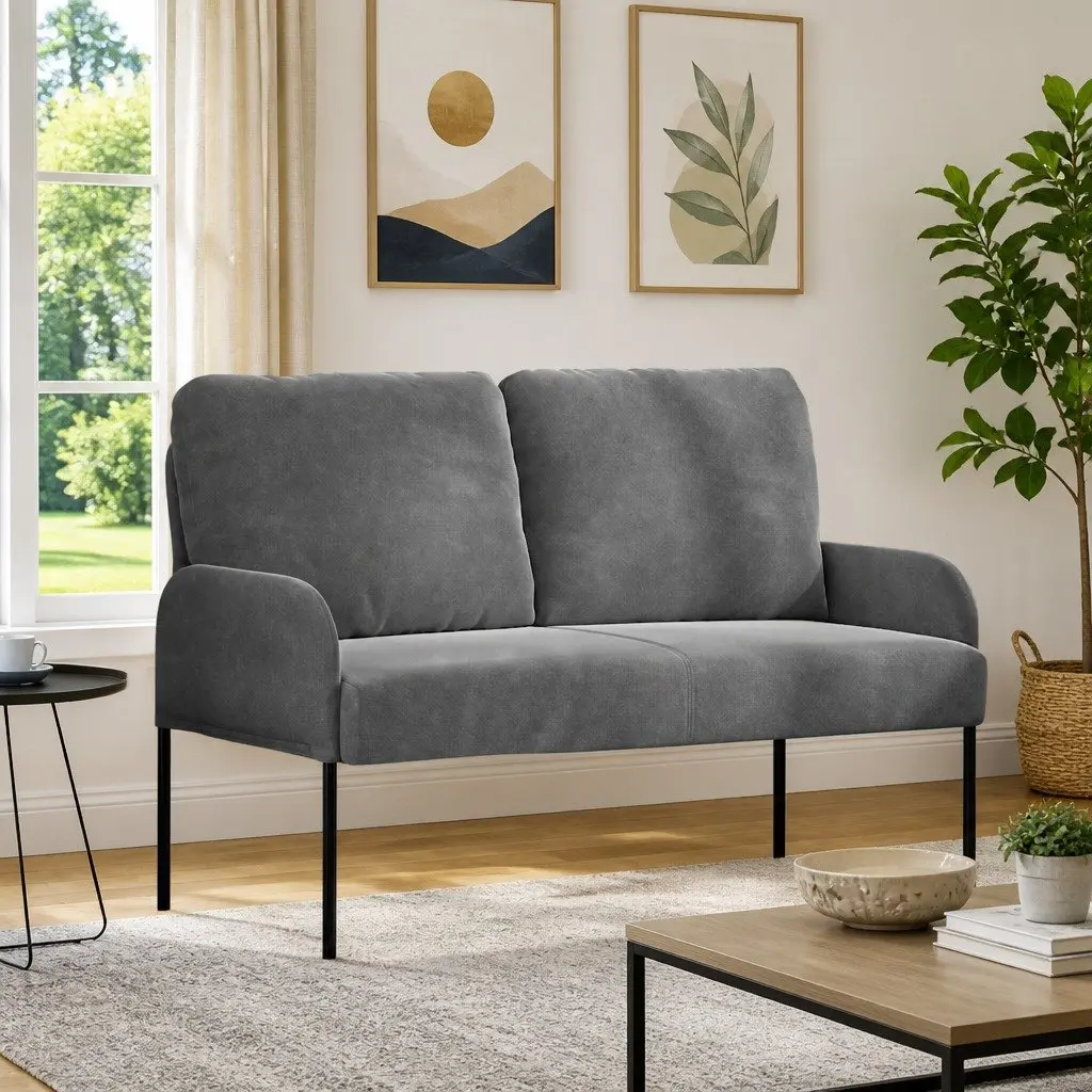Sofa Grey Compact 110cm Polyester Upholstery Bullnose Cushions