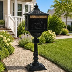 Standing Mailbox Black Vintage Garden Post Box Outdoor Decor Waterproof Cast