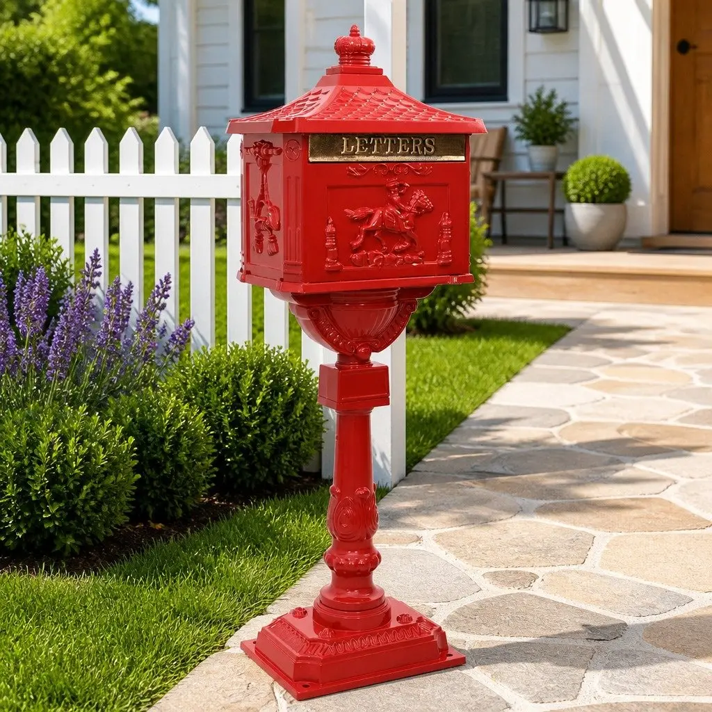 Standing Mailbox Red Vintage Garden Terrace Post Box Waterproof Outdoor Decor