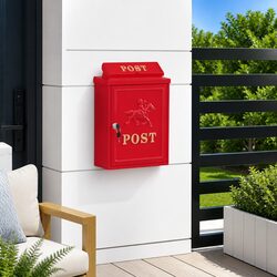 Wall Mounted Mailbox Red Cast Aluminum Vintage Outdoor Post Box Front Door Decor