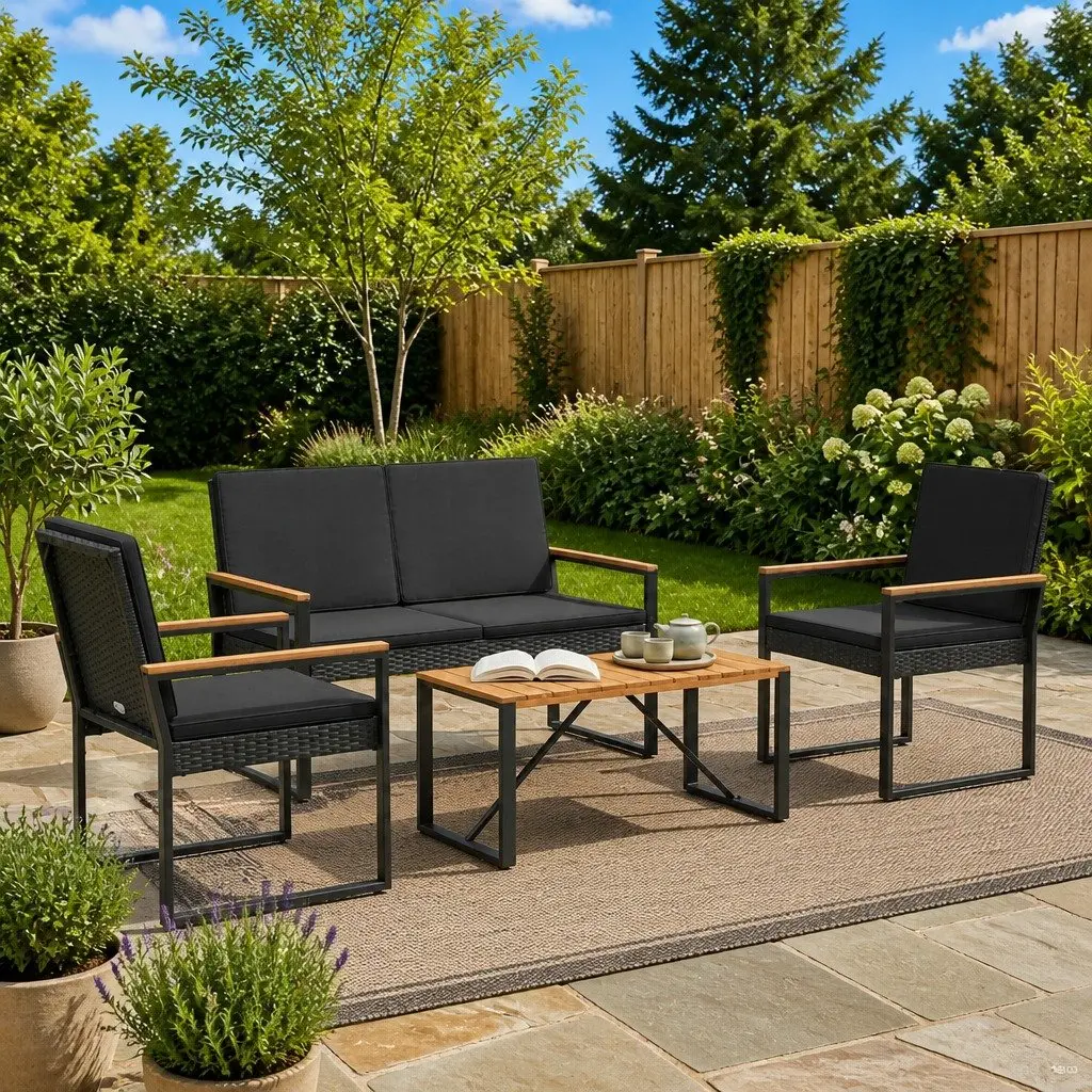 Outdoor Furniture Set 4 Piece Black Poly Rattan Garden Patio Lounge Dining
