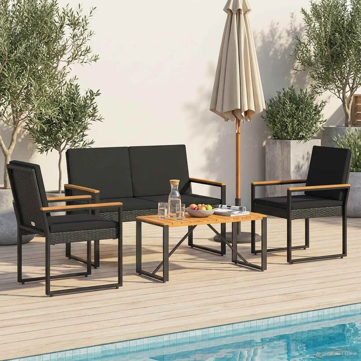 Outdoor Furniture Set 4 Piece Black Poly Rattan Garden Patio Lounge Dining