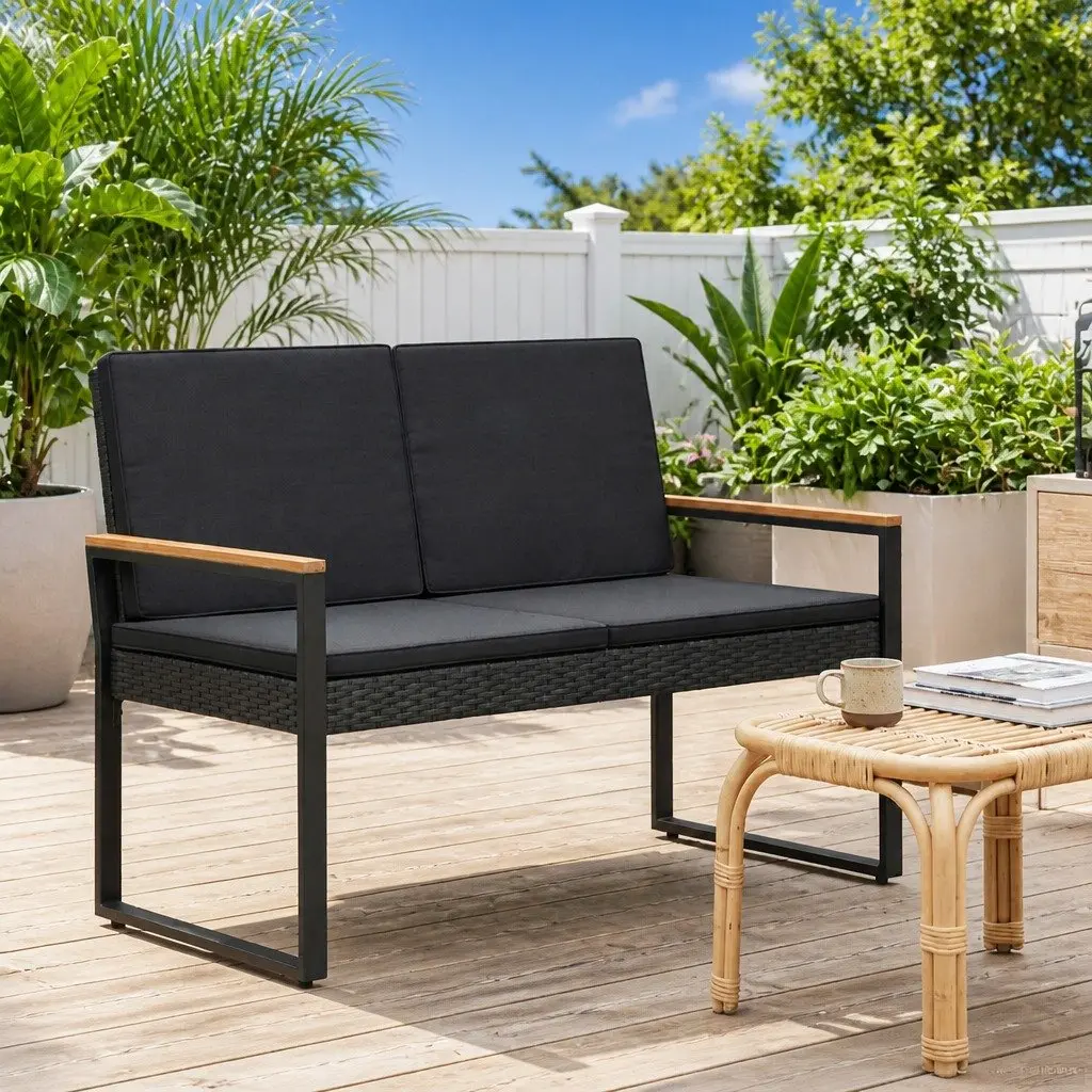 Outdoor Bench with Cushion Black Garden Patio Seating Poly Rattan Steel Frame