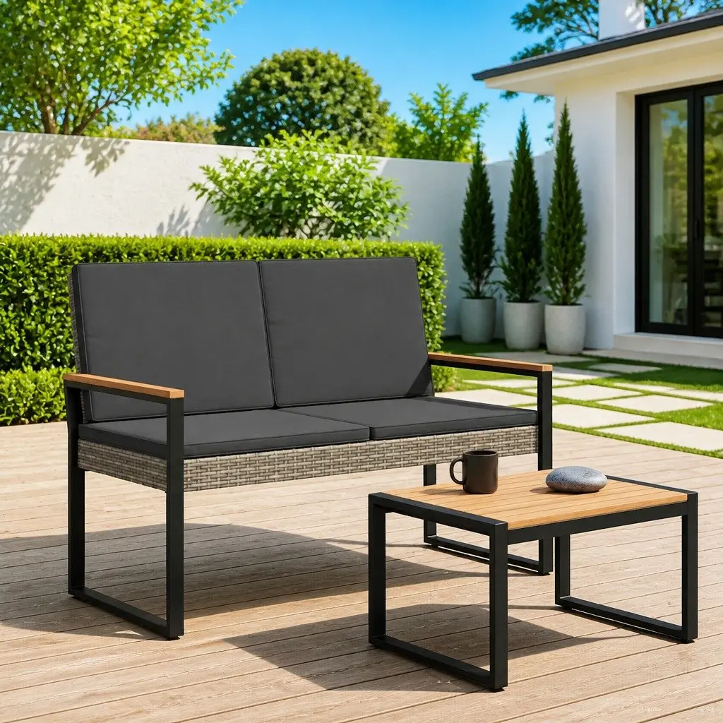 Outdoor Bench Poly Rattan Grey Garden Patio Seating Durable Weather-Resistant