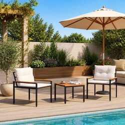 Outdoor Furniture Set 3 Pieces Grey Poly Rattan Garden Patio Seating with Wood